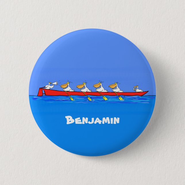 Funny pelicans rowing cartoon illustration 2 inch round button (Front)