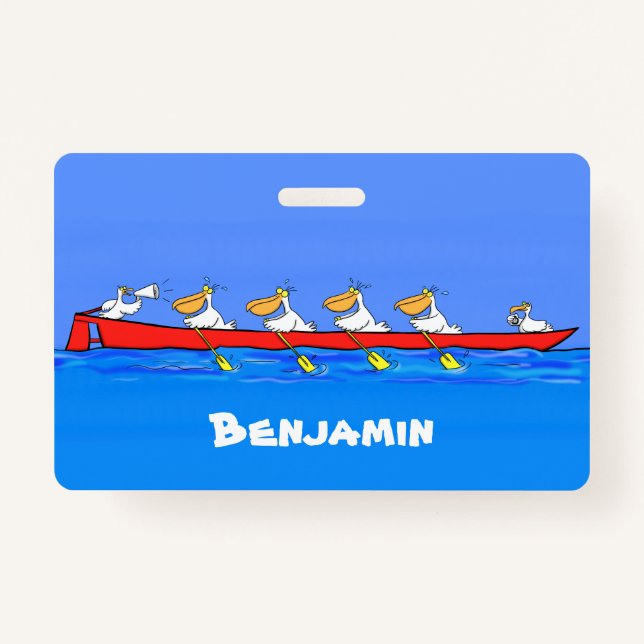 Funny pelicans rowing cartoon illustration badge (Front)