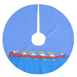 Funny pelicans rowing cartoon illustration brushed polyester tree skirt