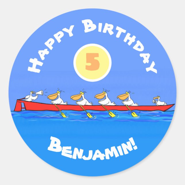 Funny pelicans rowing cartoon illustration classic round sticker (Front)