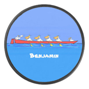 Funny pelicans rowing cartoon illustration hockey puck