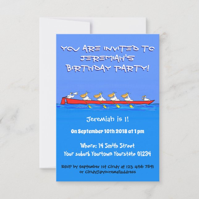 Funny pelicans rowing cartoon illustration invitation (Front)