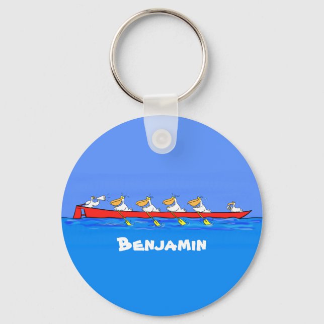 Funny pelicans rowing cartoon illustration keychain (Front)