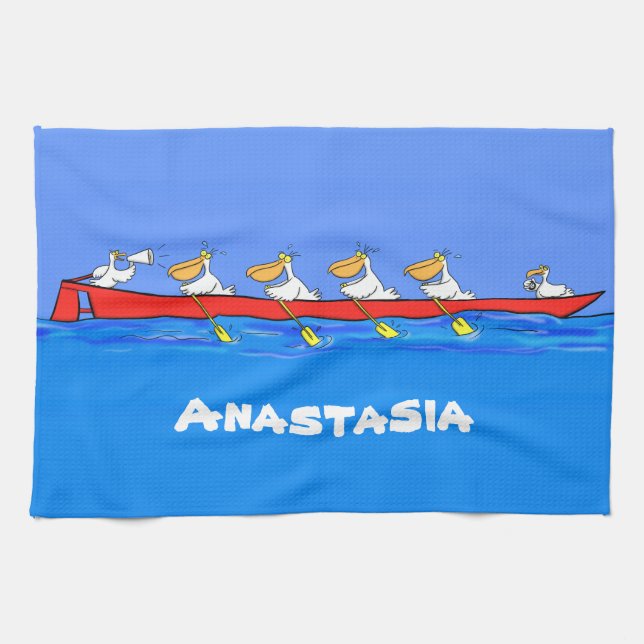 Funny pelicans rowing cartoon illustration kitchen towel (Horizontal)