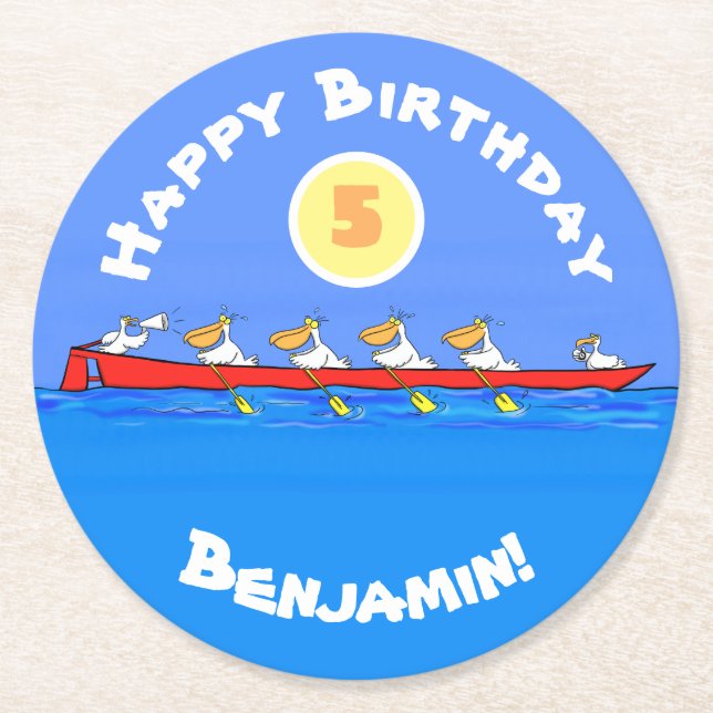 Funny pelicans rowing cartoon illustration round paper coaster (Front)