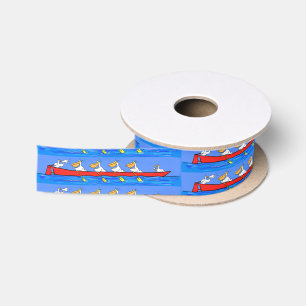 Funny pelicans rowing cartoon illustration satin ribbon