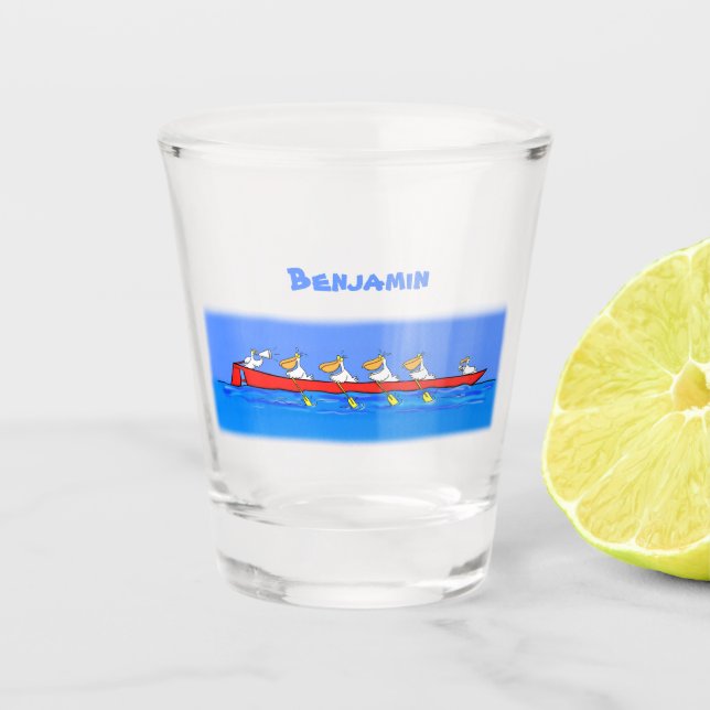 Funny pelicans rowing cartoon illustration shot glass (Front)