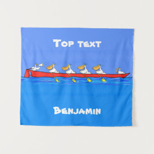 Funny pelicans rowing cartoon illustration tapestry