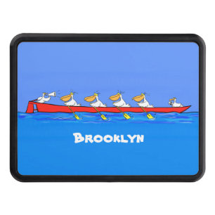 Funny pelicans rowing cartoon illustration trailer hitch cover