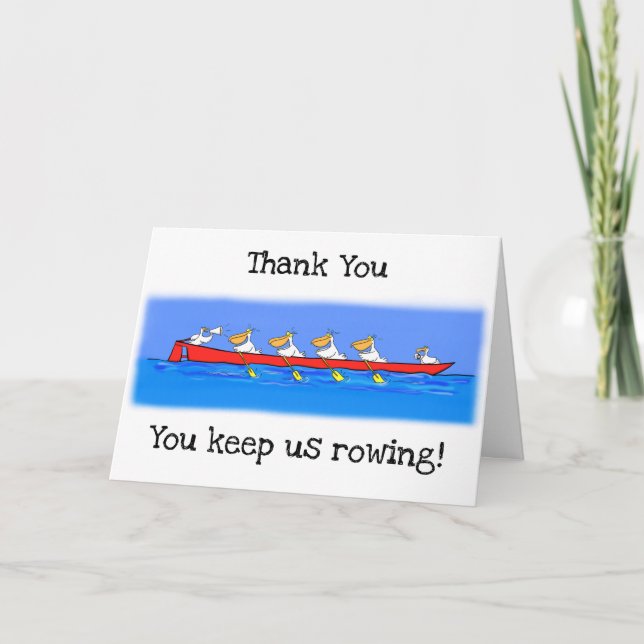 Funny pelicans rowing cartoon Thank You card. Card (Front)