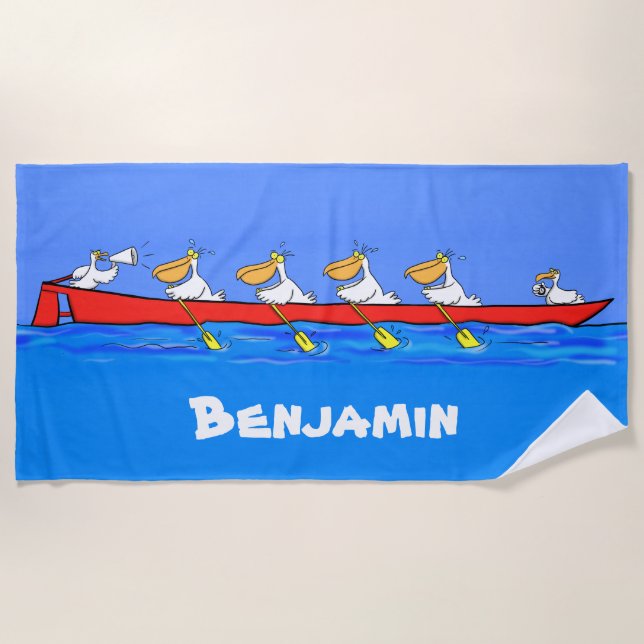 Funny pelicans rowing team cartoon beach towel. towel (Front)