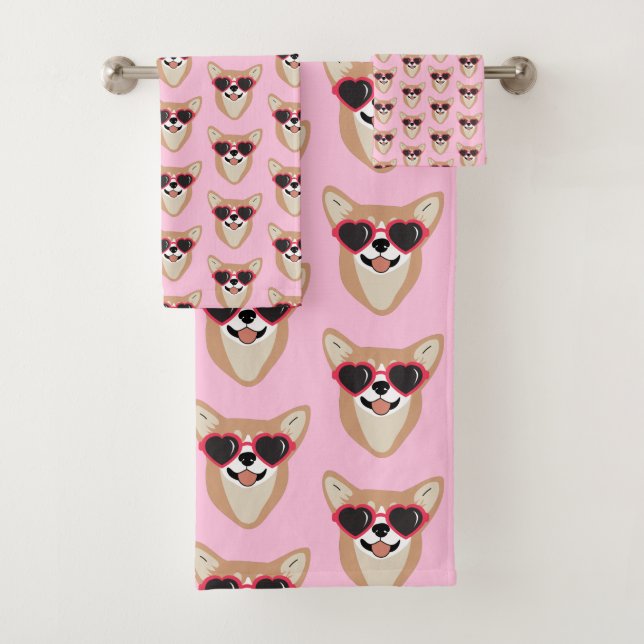 Funny Pembroke Welsh Corgi Pattern Pink Bath Towel Set (Insitu)