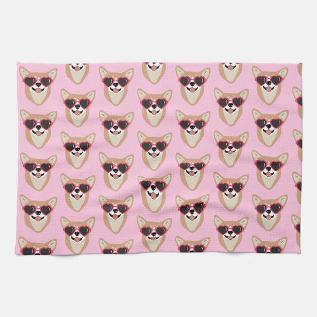 Funny Pembroke Welsh Corgi Pattern Pink Kitchen Towel (Horizontal)