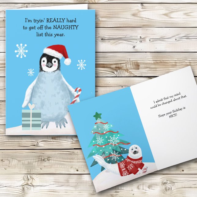 Funny Penguin and Seal Naughty List Christmas Holiday Card (Creator Uploaded)