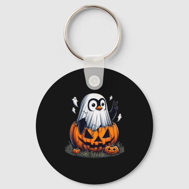 Funny Penguin Boo Halloween Ghost Womens Mens Kids Keychain (Front)