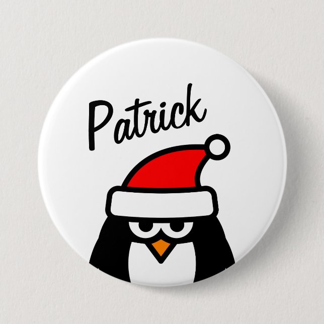Funny penguin Christmas party name round pinback 3 Inch Round Button (Front)