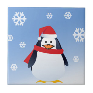 Funny Penguin Christmas Santa Claus Snowflakes Tile
