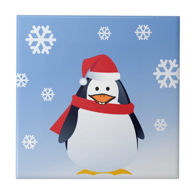 Funny Penguin Christmas Santa Claus Snowflakes Tile (Front)