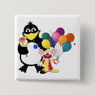 Funny penguin & clown cartoon 2 inch square button