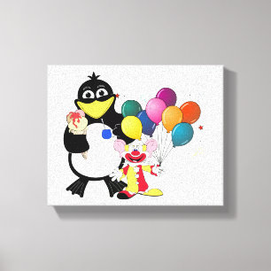 Funny penguin & clown cartoon canvas print