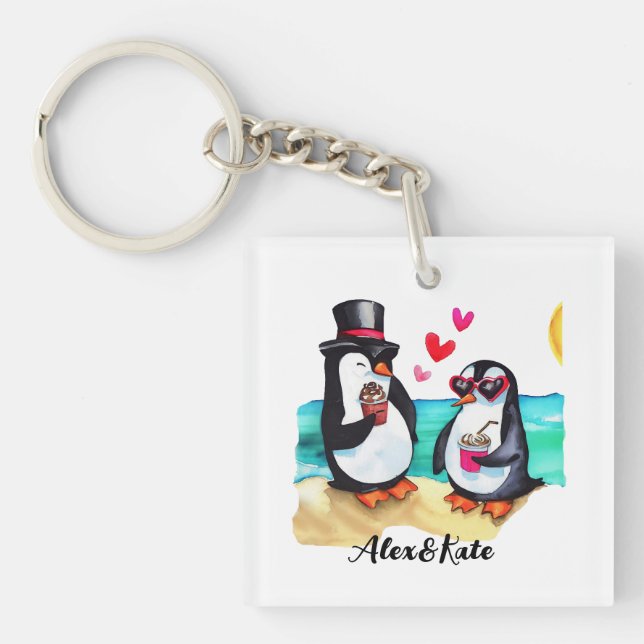 Funny Penguin Couple, Animals in Love Keychain (Front)