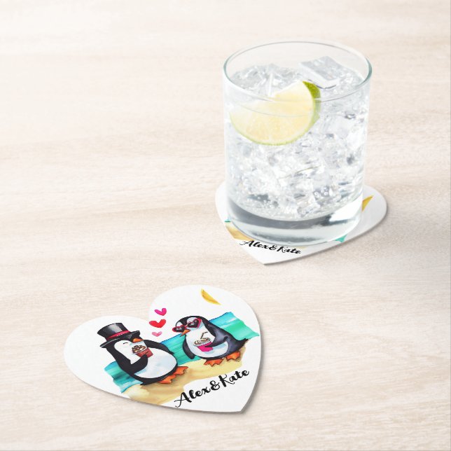 Funny Penguin Couple, Animals in Love Paper Coaster (Insitu)