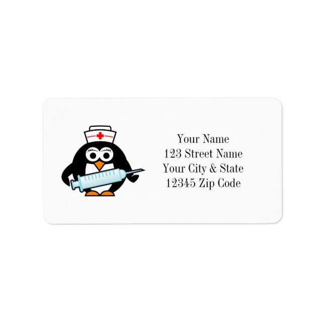 Funny penguin nurse with syringe address labels (Front)