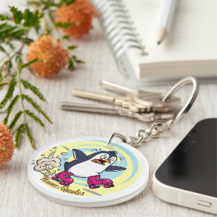 Funny Penguin on Roller Skates Keychain