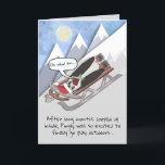 Funny Penguin on Sled Personalized Holiday Card<br><div class="desc">Pingly Penguin, wearing his bouncy spring-loaded shoes, is strapped to a sled & headed down a high snowy mountain straight out of quarantine. Oh What Fun! (or not)… Along w/a message inside to personalize, this funny holiday card will give your friends & family a sure laugh for Christmas, Hanukkah, New...</div>