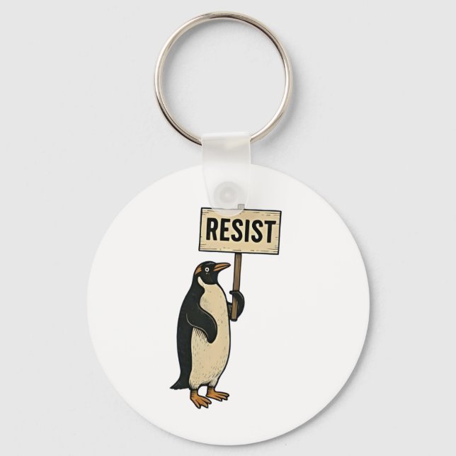 Funny Penguin Resist Protest Against Tarrifs  Keychain (Front)