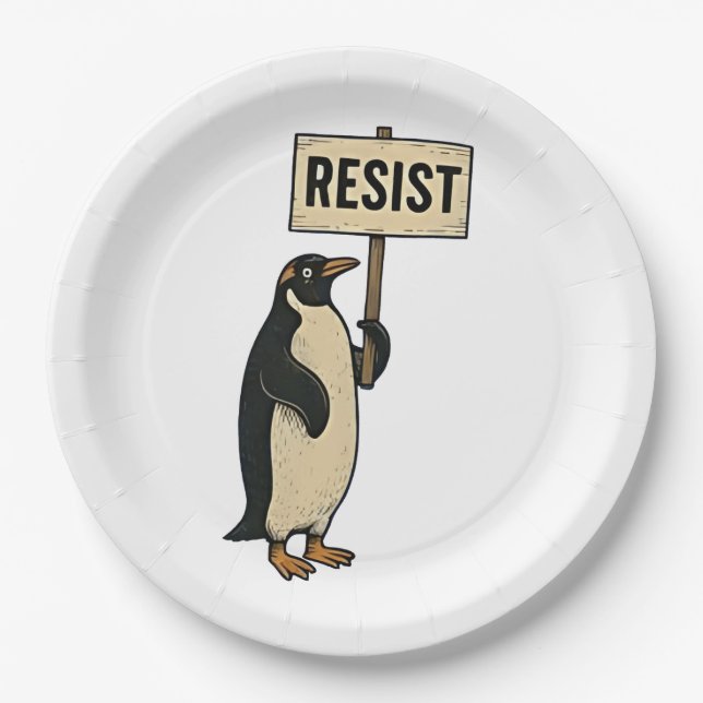 Funny Penguin Resist Protest Against Tarrifs  Paper Plate (Front)