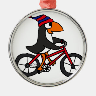 Funny Penguin Riding Red Bicycle Metal Ornament