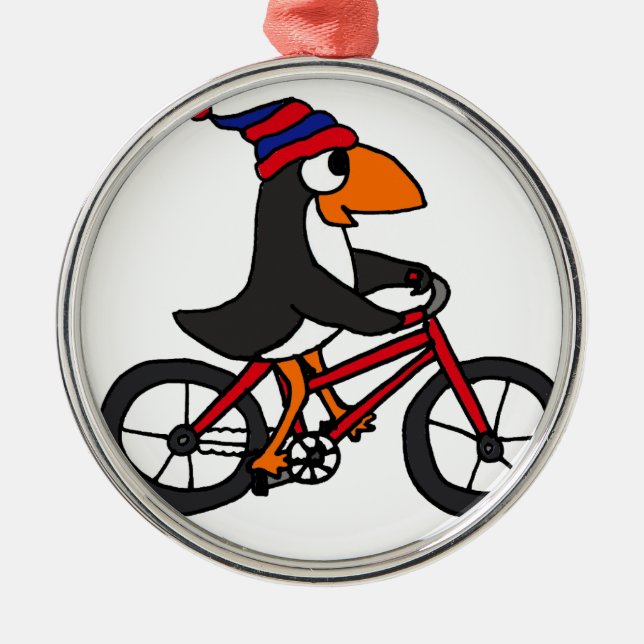 Funny Penguin Riding Red Bicycle Metal Ornament (Front)