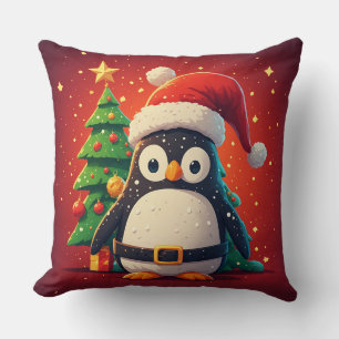 🐧 Funny Penguin Santa Christmas Lights Theme 🎄 Throw Pillow