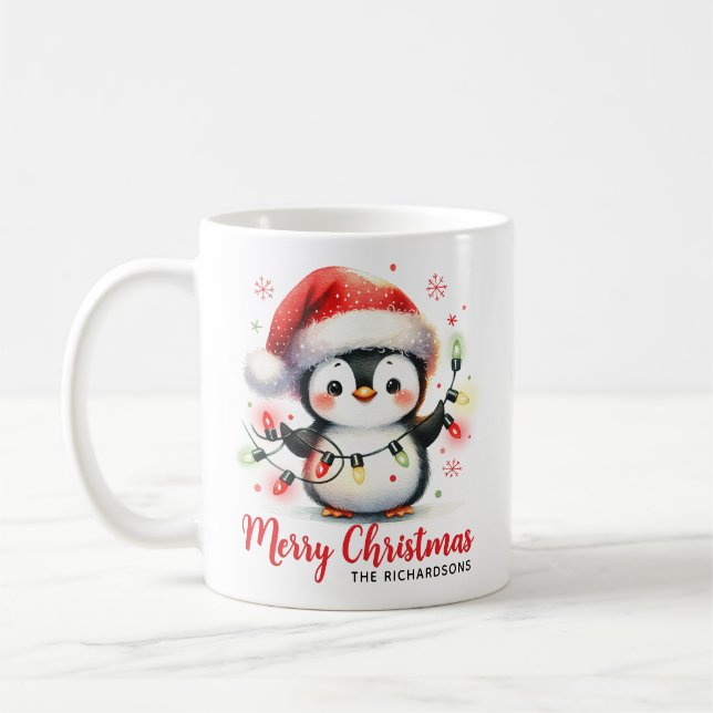 Funny Penguin with Lights Modern Merry Christmas Coffee Mug (Left)