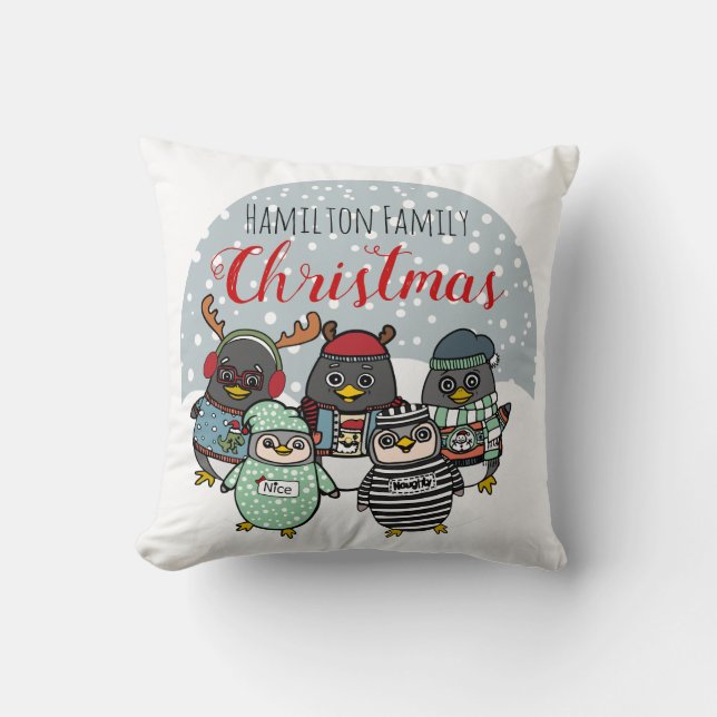 Funny Penguins | Custom Winter Family Christmas Throw Pillow (Front)