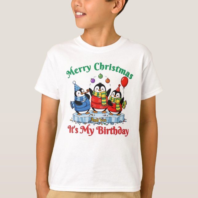 Funny Penguins, Merry Christmas Birthday T-Shirt (Front)