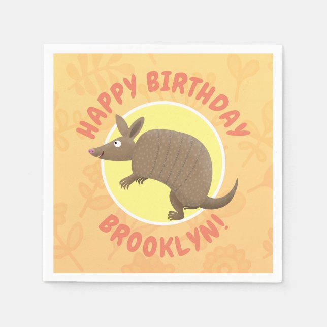Funny personalised armadillo birthday cartoon napkin (Front)