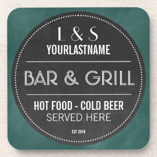 Funny Personalized Bar and Grill Chalkboard Sign Coaster