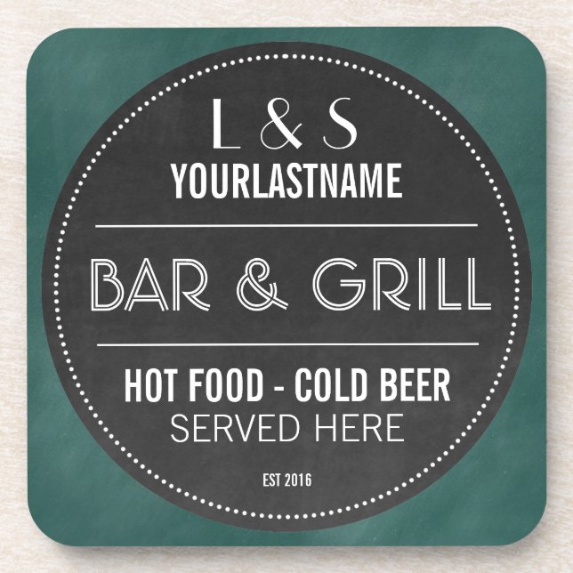 Funny Personalized Bar and Grill Chalkboard Sign Coaster (Front)