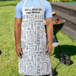 Funny Personalized BBQ Grill Chef Barbecue Master Apron<br><div class="desc">A fun apron featuring a vintage looking pattern of various grilling tools.  Add two lines of custom text to personalize. Perfect for anyone who loves to barbecue,  grill and cook.  Makes a perfect Father's Day,  birthday or holiday gift.</div>