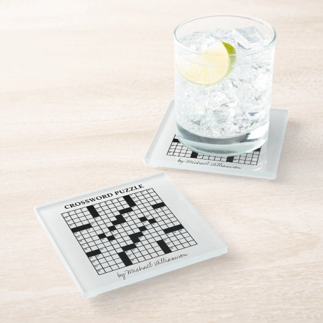 Funny Personalized Black White Crossword Puzzle Glass Coaster (Angled)