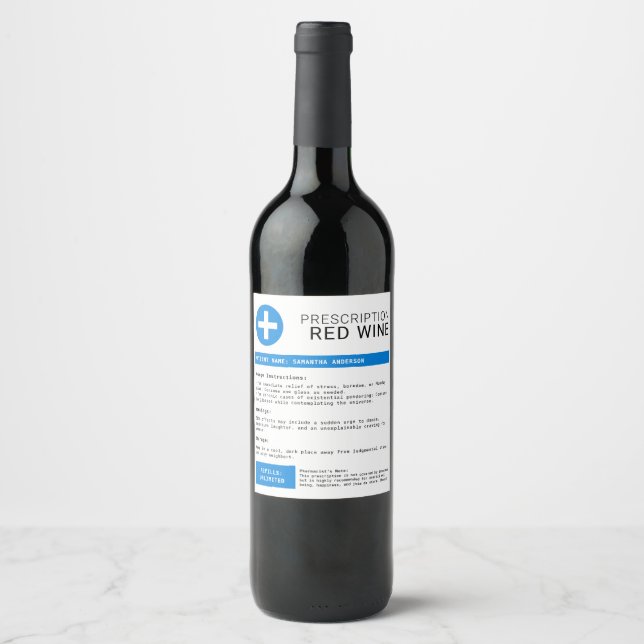 Funny Personalized Blue Prescription Wine Label (Front)