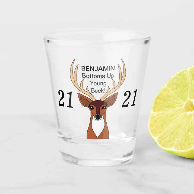 Funny Personalized Deer Buck 21 Birthday Shot Glass (Front)