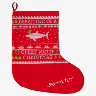 Funny Personalized Dreaming of Great White Shark Large Christmas Stocking