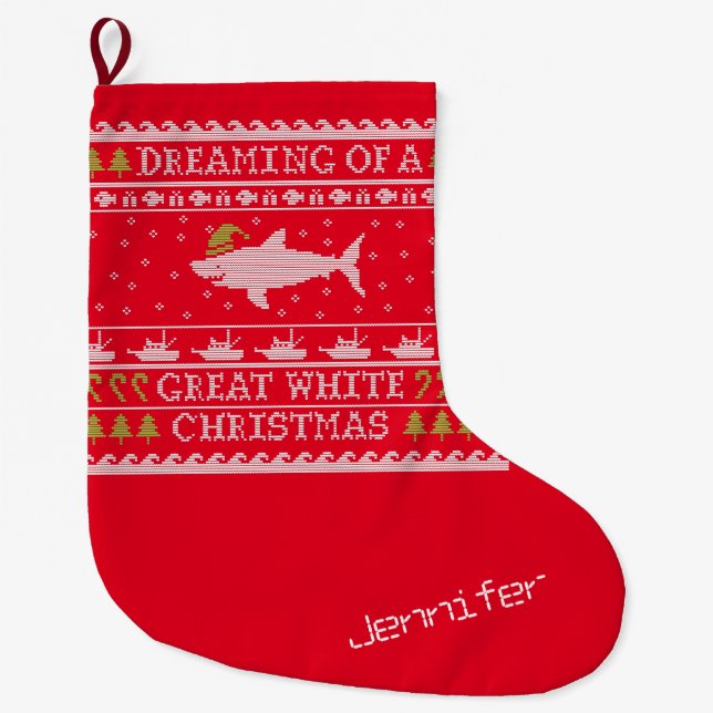 Funny Personalized Dreaming of Great White Shark Large Christmas Stocking (Front)