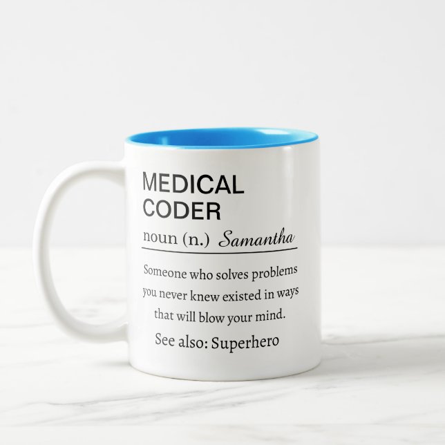 Funny Personalized Medical Coder Definition Two-Tone Coffee Mug (Left)
