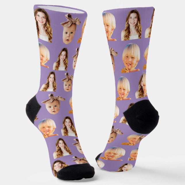 Funny Personalized Mom of 3 Kids Photo Purple Socks (Angled)