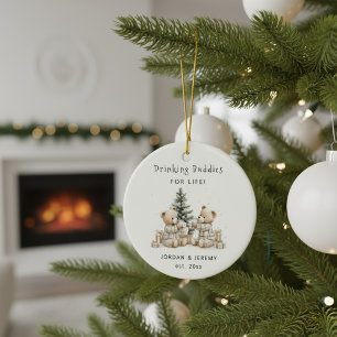 Funny Personalized Twin Drinking Buddies Christmas Ceramic Ornament