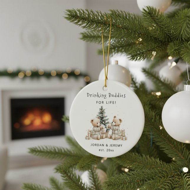 Funny Personalized Twin Drinking Buddies Christmas Ceramic Ornament (Funny Personalized Twin Drinking Buddies Christmas Ceramic Ornament)
